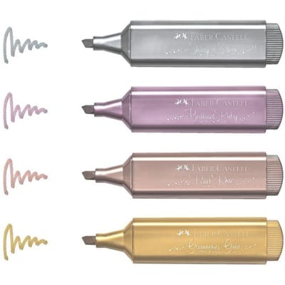 Faber-Castell TL 46 Metallic markeerstift, 3 lijndikten: 1/2/5 mm, wateroplosbare inkt, in doosje van 4, geassorteerde kleuren: goud, zilver, robijn en roos
