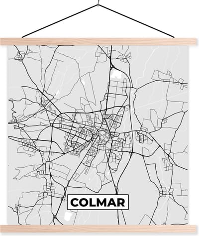 Posterhanger incl. Poster 40x40 cm - Schoolplaat - Plattegrond - Kaart - Stadskaart - Frankrijk - Colmar - Textielposter - Blanke latten - Stadskaart