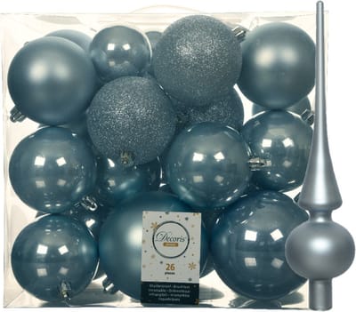 Kunststof kerstballen met glazen piek - lichtblauw - 27-delig