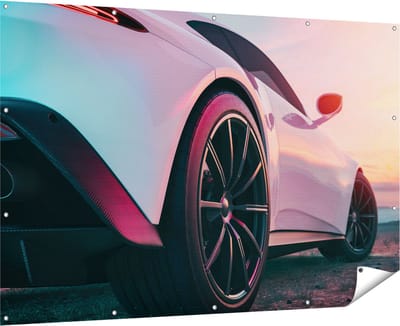 Gards Tuinposter Witte Sportwagen Auto - 180x120 cm - Tuindoek - Tuindecoratie - Wanddecoratie buiten - Tuinschilderij