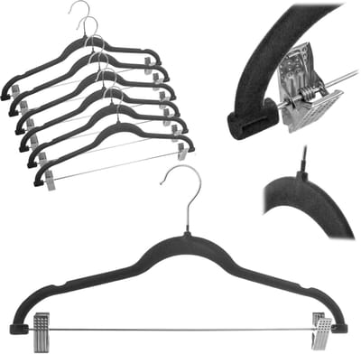 Aube flocked kledinghanger met clips, donkergrijs, 6 stuks
