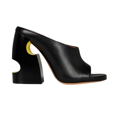 Off White Dames/Dames Uitgesneden Leren Hoge Blokhak Muiltjes (ZWART/GEEL)