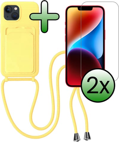 Hoes Geschikt voor iPhone 13 Hoesje Pas Houder Case Hoes Met Koord Met 2x Screenprotector - Hoesje Geschikt voor iPhone 13 Hoes Met Telefoonkoord Pasjeshouder Cover - Geel