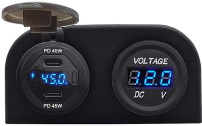 ProRide 12V USB C Autolader 2 Poorten Opbouw met Wattagemeter - 45W/QC3.0 - Tweevoudig opbouw met Voltmeter - Blauw