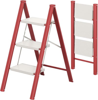 3-Stap Ladder - Opstapje - Klusjes Thuis - Stevig Gelegeerd Staal - 39 Inch Hoog - Rood