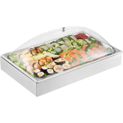 VEVOR Serveercontainer Buffetcontainer Gastronormcontainer van roestvrij staal (1 container), presentatiestandaard met transparant gebogen deksel en 3 ijsblokjesvormpjes voor restaurant- en hotelkeukens