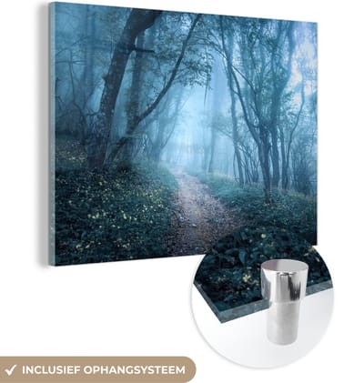 MuchoWow® Glasschilderij 120x90 cm - Schilderij acrylglas - Bomen - Natuur - Mist - Foto op glas - Schilderijen