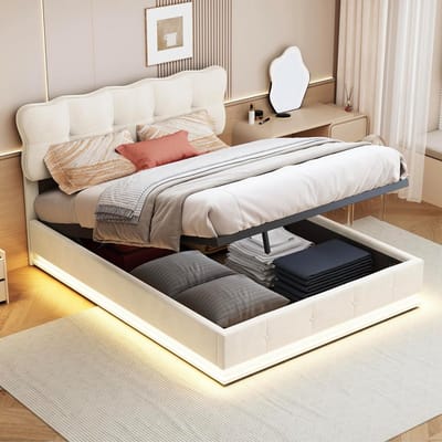 Gestoffeerd tweepersoonsbed 140x200 cm met ingebouwde LED verlichting en hydraulische opbergruimte