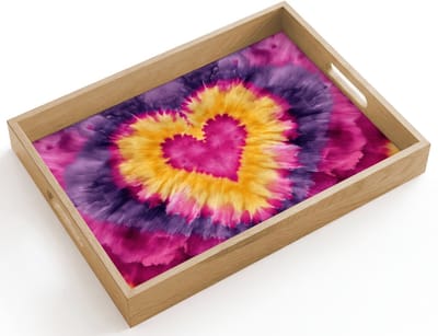 Dienblad hout 40x30 cm - Schootdienblad - Tie dye - Hartvorm - Vlammen - Oranje - Borrelplank rechthoek - Plateau dienbladen