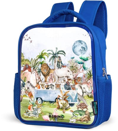 NoBoringSuitcases.com® - Rugzak blauw - Schooltas jongens - Busje met allemaal dieren - Kinder rugtas jongen - Boekentas kind - Kinderrugzak voor school - Schoolrugzak
