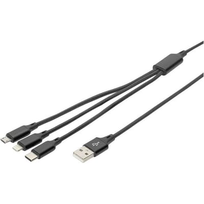 Digitus AK-300160-010-S USB-laadkabel Apple Lightning stekker, USB-A stekker, USB-C stekker, USB-micro-B stekker 1.00 m Zwart Extreem robuust