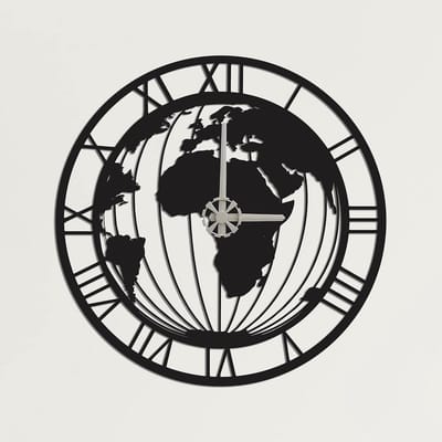 Metalen Wereld Kaart - Wandklok Decoratie - Stijlvol Wonen - Stille Beweging - 38 x 38 cm - Zwart