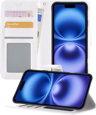 Hoesje - Geschikt voor Apple iPhone 16 - Luxe Bookcase - Walletcase Hoes - Portemonnee - Cover - Telefoonhoes - Wit