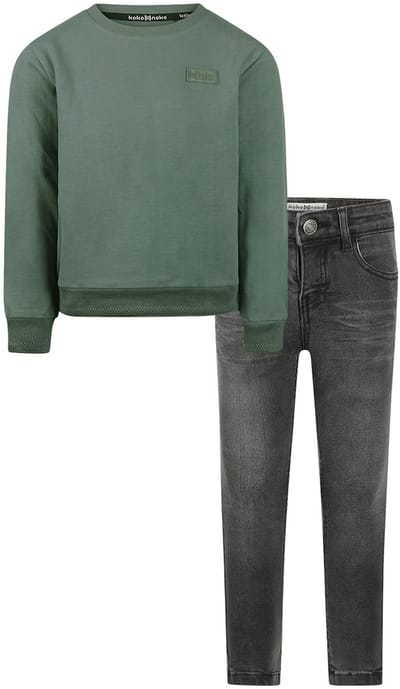 Koko Noko - Kledingset - Basic Collection - Bio Cotton - Dark grey jeans - Sweater with crewneck Dark Green - Maat 92