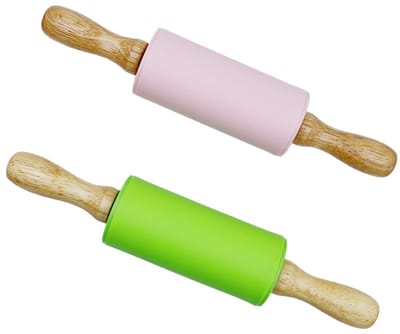 Deegroller met houten handvat, 23 x 4,2 cm, deegroller, siliconen deegroller, anti-aanbakoppervlak, kinderdeegroller, deegroller voor kinderen, voor cake, bakken, pizza