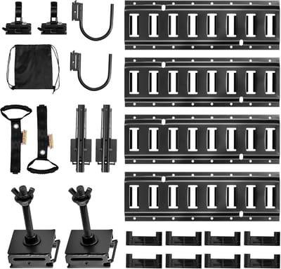 E-Track Vastzetrails Set, 4-Pack 0.4 m Rails, Inclusief Vormige Haken, Gereedschapshouders, Plankensteun, Bandenhouder, Kabelopslagringen, Eindkappen & Tas, Geschikt voor Vans en Aanhangwagens