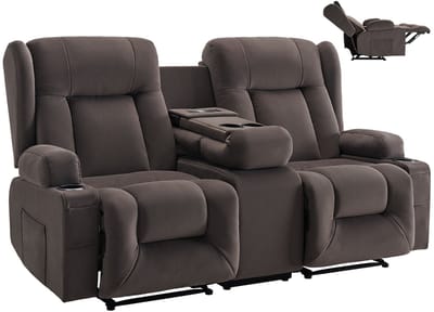 Twee-zits Relaxbank - Elektrische Reclinerbank - Massage & Verwarming - USB-poorten - Bekerhouders - Zijvakken - Bruin
