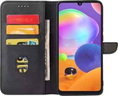 Geschikt voor Samsung Galaxy A31 Telefoonhoesje Kunstleer met Magnetisch lipje en Pasjeshouder Book Case met Klepje - Zwart - Smartphonica geschikt voor Samsung Galaxy A31