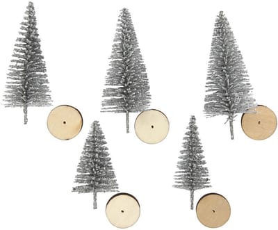 Kerstbomen, H: 40+60 mm, zilver, 5 stuk/ 1 doos