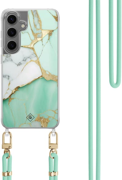 Casimoda® hoesje met koord - Geschikt voor Samsung S24 Plus - Marmer Mintgroen - Afneembaar koord - TPU/polycarbonaat - Mint