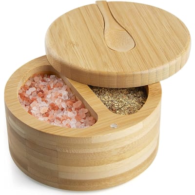 Grande boîte à sel et à épices avec couvercle pivotant Salière en bambou avec couvercle et cuillère, bols à sel et à poivre à 3 compartiments pour sel et épices