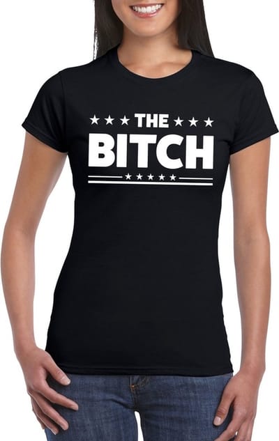 The Bitch tekst - dames T-shirt - zwart - korte mouwen - feest kleding - carnaval - foute party S