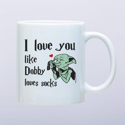 Grappige Liefdestekst Koffiemok “I Love You Like Dobby Loves Socks” – Schattige Fantasy Humor Cadeaumok – Keramische Koffiebeker 330 ml