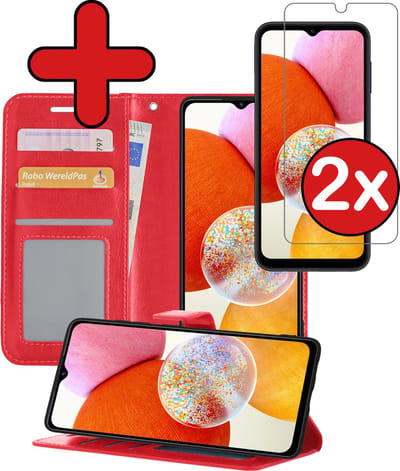 Hoesje - Met 2x Screenprotector - Geschikt voor Samsung Galaxy A14 - Luxe Pasjeshouder - Flip Case - Bookcase Portemonee - Kunstleer Book Case - Flipcase Hoes - Book Cover - Walletcase - Portemonneehoes - Telefoonhoes - Rood