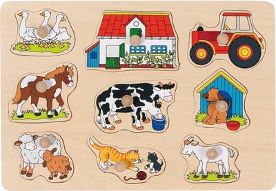 Houten Steekpuzzel - Boerderij Puzzel - Kinderen Leren - Grote Houten Knoppen - 30 x 21 cm - Meerkleurig