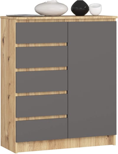 Kommode K80 met 5 Lades en 1 Deur / AKORD Furniture Factory / Artisan Eik - Grafietgrijs / 80 x 97 x 35 cm