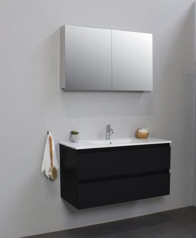 Basic Bella Badkamermeubelset - 100x55x46cm - 1 wasbak - Keramiek - Wit - 1 kraangat - Spiegelkast zonder verlichting - Melamine Zwart mat