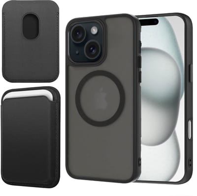 Hoesje + Pasjeshouder geschikt voor iPhone 15 - Portemonnee geschikt voor MagSafe - Magnetisch - Pasjes Houder - Creditcardhouder - Zwart