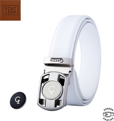 ®Green Golfriem Heren Pro – Echt Leer - Verstelbare Riem - Riem Heren en Dames - Golfen - Zonder Gaatjes - Golf Marker - kleur white real leather