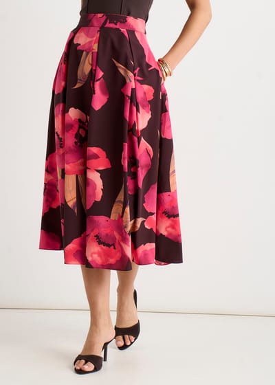 Bruine midi-rok met grote bloemenprint en plooien
