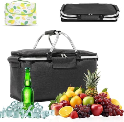 SnelShoppen - Vouwbare Boodschappenmand 18L met Handvat | Oxford Stof Thermische Boodschappenmand met 2x2m Picknickdeken voor Picknicks, Winkelen, Rei