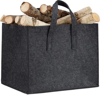 Famanu – Brandhoutmand van vilt - HxBxD: 34,5 x 43 x 36,5 cm - 2 handgrepen - opvouwbaar - krantenhouder - vilten mand - antraciet