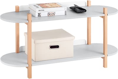 SoBuy Opbergplank, Boekenkast met 2 Niveaus, Houten Bijzettafel met 2 Etages, Plank op Poten, Console Tafel, Lage Bijzettafel voor Woonkamer, Kantoor, Slaapkamer, 100x33x52 cm, Grijs, HSTR01-HG