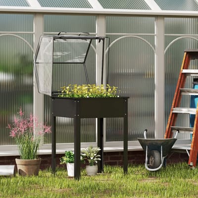 MODFU - Verhoogde Plantenbak Met Transparante Afdekking - Met Afvoeropening - Stalen Frame - Zwart - 60 x 60 x 120 cm