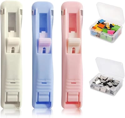 Allecto Plus - Draagbare herbruikbare nietmachine met clip, incl. 100 metalen klemmen - Geschikt voor kantoor, thuis en school - 3 stuks