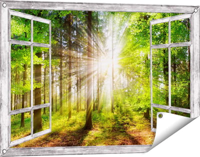 Gards Tuinposter Doorkijk Bos met Zon tussen de Bomen - 90x60 cm - Tuindoek - Tuindecoratie - Wanddecoratie buiten - Tuinschilderij