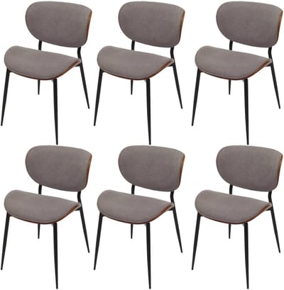 Set van 6 eetkamerstoelen MCW-O45, gebogen hout, stof (370 g/m²), Oeko-Tex MVG-gecertificeerd ~ walnootlook, lichtgrijs