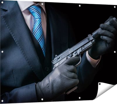 Gards Tuinposter Maffia Man met een Pistool in Handen - 120x90 cm - Tuindoek - Tuindecoratie - Wanddecoratie buiten - Tuinschilderij