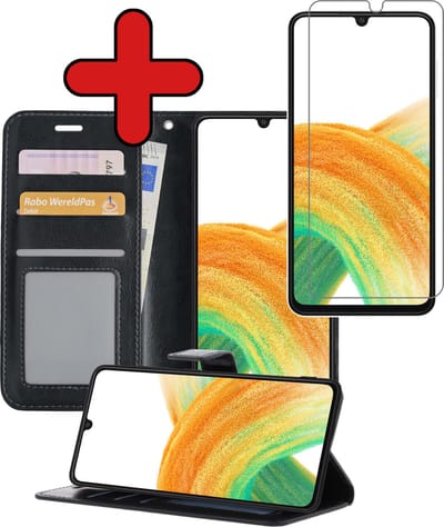 Hoesje - Met Screenprotector - Geschikt voor Samsung Galaxy A33 - Luxe Pasjeshouder - Flipcase - Bookcase Portemonee - Flip Case - Kunstleer Book Case - Book Cover - Walletcase - Portemonneehoes - Telefoonhoes - Zwart