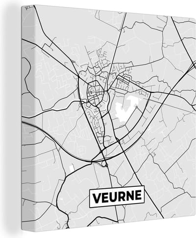 Canvas Schilderij Zwart Wit – België – Plattegrond – Stadskaart – Kaart – Veurne - 20x20 cm - Wanddecoratie