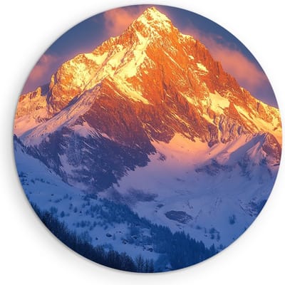 Saammp Muurcirkel Hout - Bergtop in de zon - Natuur - Landschap - Ø 90 - Wandcirkel - Wanddecoratie Cirkel - Muurdecoratie Woonkamer - Slaapkamer decoratie - Rond Schilderij