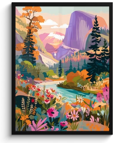 Poster in lijst - Fotolijst 50x70 cm - Posters - Rivier - Vallei vol bloemen - Levendig - Posterlijst zwart - Decoratie - Wanddecoratie woonkamer - Muurdecoratie slaapkamer