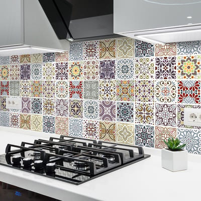 Zelfklevende tegelmuurstickers voor keuken en badkamer - 24 Azulejos Yago cementtegelstickers - 24 stickers 10x10cm
