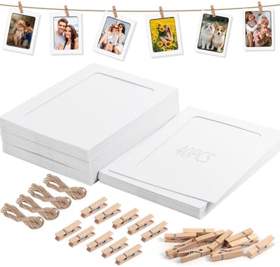 Dailygoods - Fotolijst van papier, 40 stuks, 12,7 cm, witte kartonnen slinger met 40 clips en touw, voor het ophangen van foto's met klemmen, voor thuis, school, kantoor, muur, doe-het-zelf