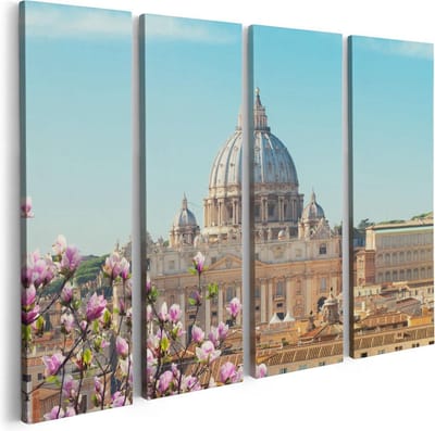 Artaza Canvas Schilderij Vierluik Sint Pietersbasiliek in Rome met Bloemen - 80x60 - Foto Op Canvas - Canvas Print