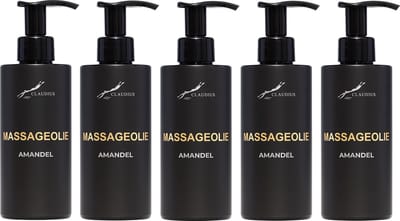 Massageolie Amandelolie 300 ml - met pomp - zwarte fles - 100% natuurlijk - biologisch en koud geperst - set van 5 stuks - Voordeelverpakking